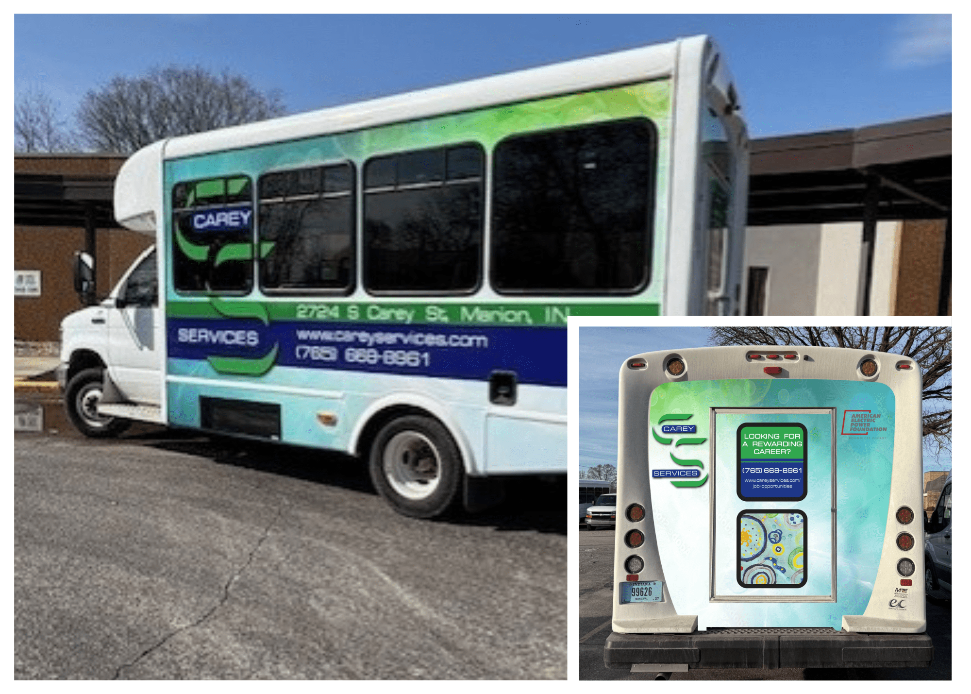 Carey Services mini bus side and back view with branding and AEP Foundation logo.